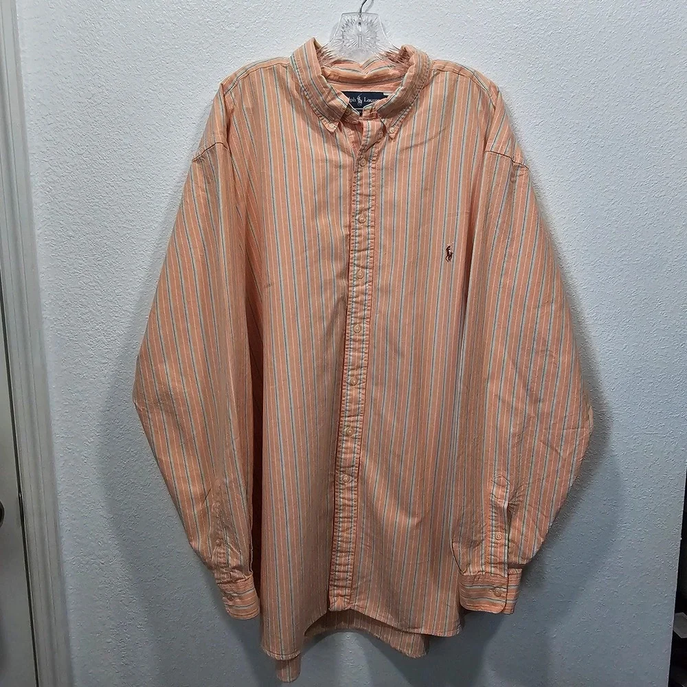 Ralph Lauren‎ Button Front Longsleeve Orange and Blue Stripe Polo Men's 3XLT
